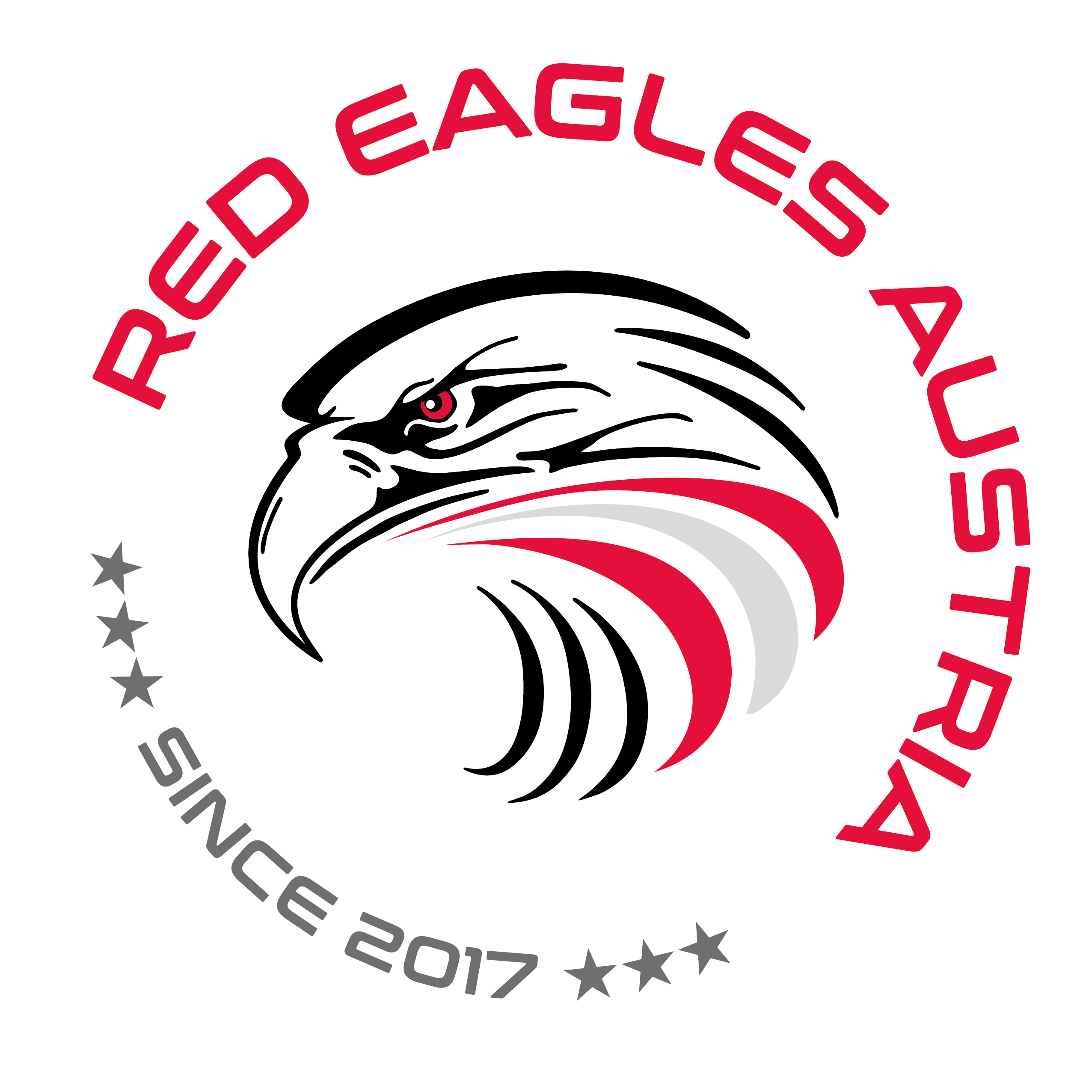 Logo der Red Eagles Austria mit einem Adlerkopf, rotem Text und Seit 2017 und vier Sternen.