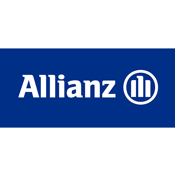 Allianz Logo mit weißem Text und Emblem auf blauem Hintergrund.