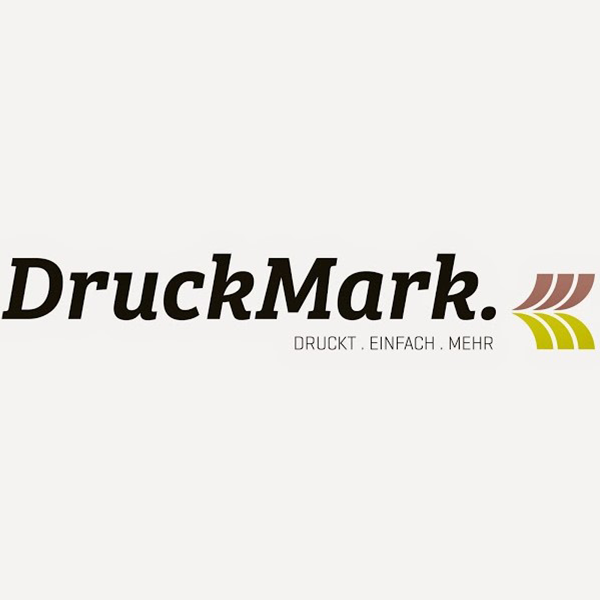DruckMark. Logo mit farbigen geschwungenen Linien und dem Text DRUCKT. EINFACH. MEHR.