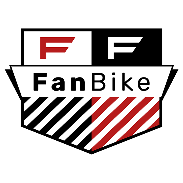 Logo mit FanBike-Text, zwei roten Fs und schwarzen und roten Diagonalstreifen.