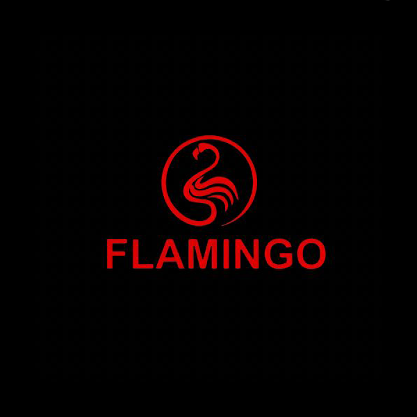 Rotes Flamingo-Logo und das Wort FLAMINGO auf schwarzem Hintergrund.