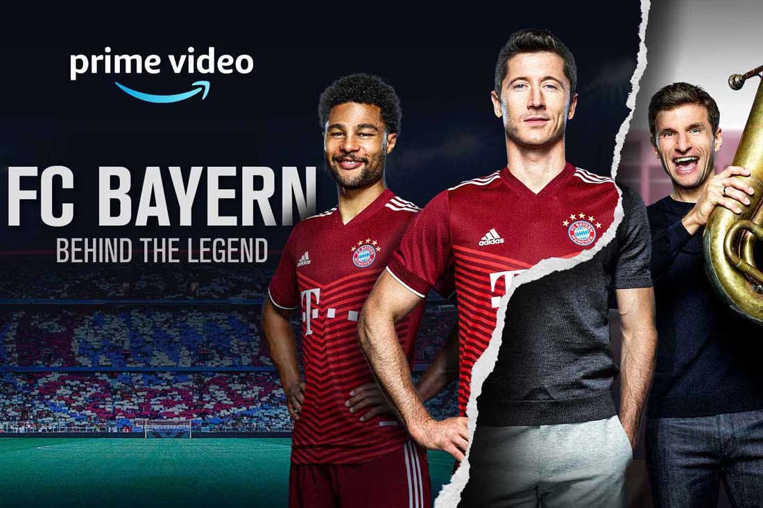 FC Bayern Spieler in roten Trikots mit Prime Video und Behind the Legend Text darüber.