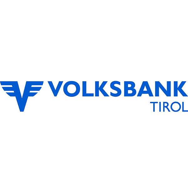 Blaues Volksbank Tirol Logo mit einem stilisierten geflügelten V-Symbol auf weißem Hintergrund.