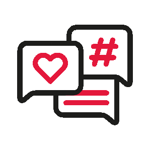 Drei Chatblasen mit einem Herz, einem Hashtag und Linien, schwarz und rot umrandet.