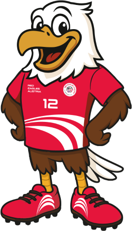 Cartoon-Adler in einem roten Fußballtrikot und Stollenschuhen, lächelnd mit Flügeln auf den Hüften.